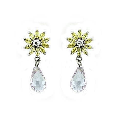 Sterling Silver Yellow Green CZ Flower Briolette Drop Earrings