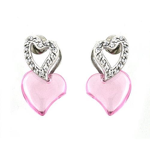 Sterling Silver CZ Heart Pink Glass Drop Dangle Earrings