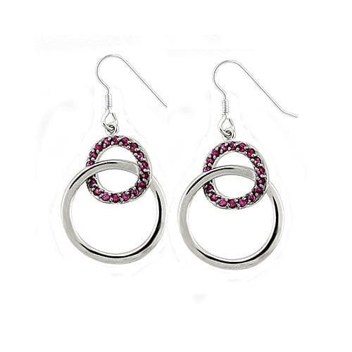 Sterling Silver Ruby Red CZ Double Circle Hoop Dangle Earrings