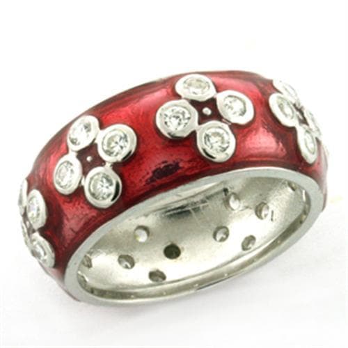 Sterling Silver Red Enamel CZ Flower Scattered Wide Band Ring
