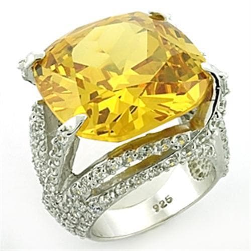 Sterling Silver Yellow Citrine CZ Cushion Pave Halo Ring