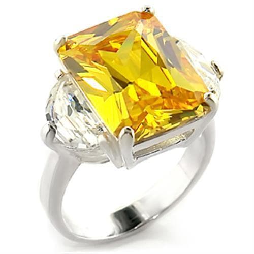 Sterling Silver Yellow Citrine CZ Emerald Cut Trillion Ring