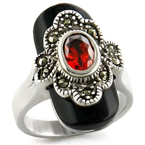Sterling Silver Black Onyx Red Garnet Marcasite Oval Ring