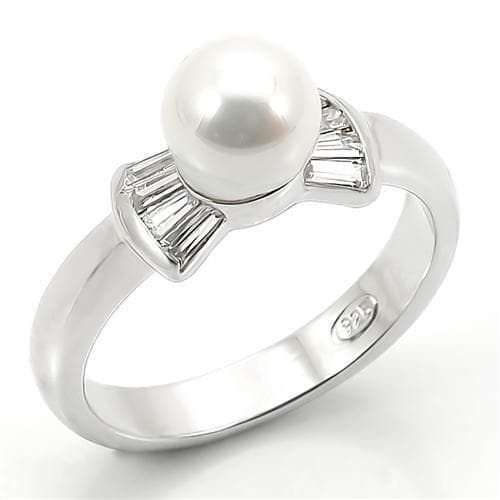Sterling Silver White Pearl CZ Baguette Bypass Solitaire Ring