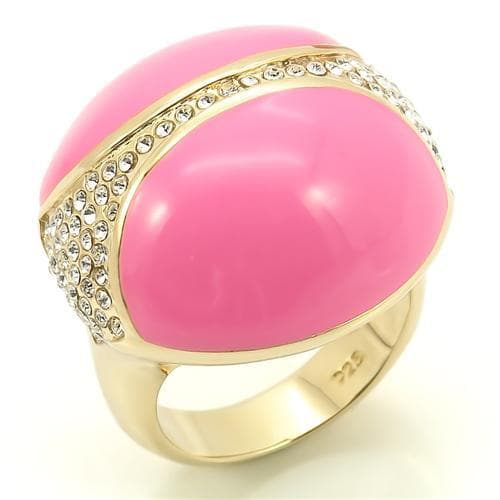 Sterling Silver Gold Pink Enamel CZ Pave Dome Cocktail Ring