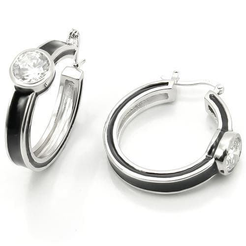 Sterling Silver Black Enamel CZ Bezel Huggie Hoop Earrings