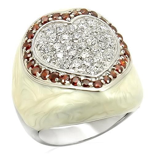 Sterling Silver White Enamel Red Garnet CZ Heart Dome Ring