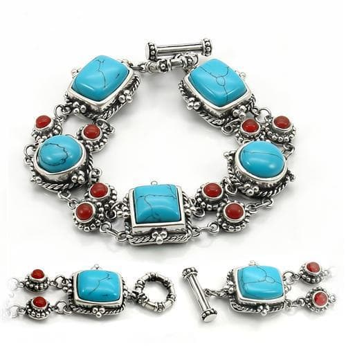 Sterling Silver Turquoise Red Coral Cabochon Toggle Bracelet