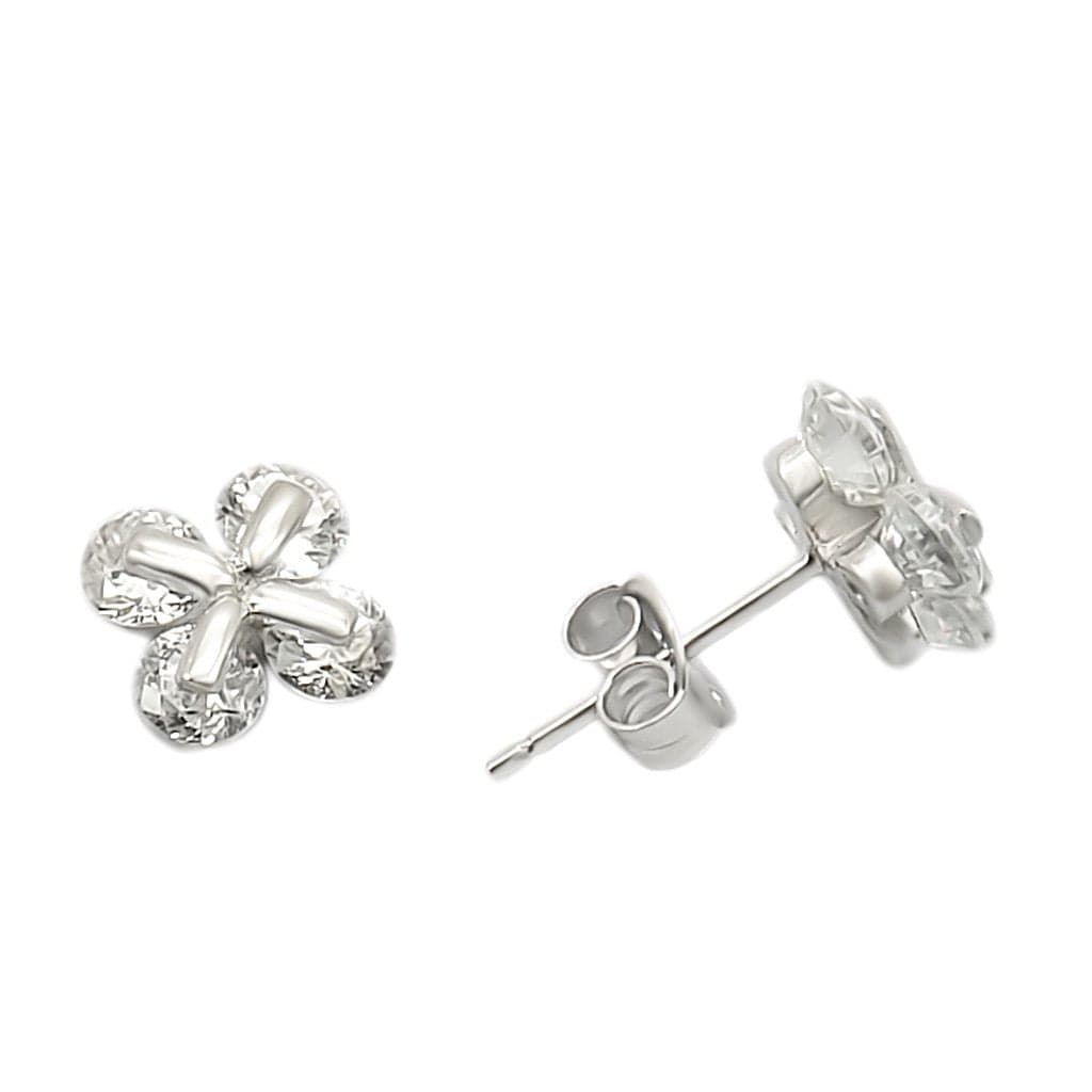 Sterling Silver CZ Flower Clover Stud Earrings