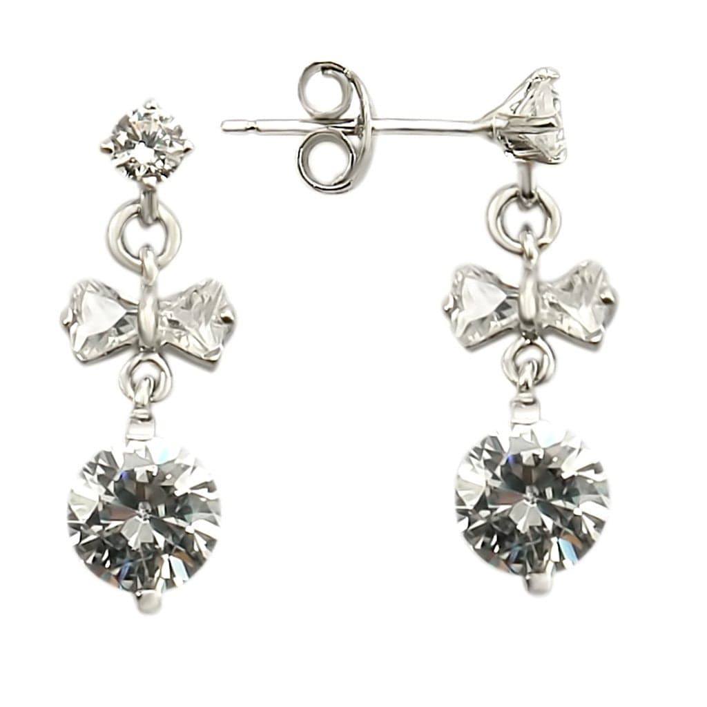 Sterling Silver CZ Bow Round Drop Dangle Earrings