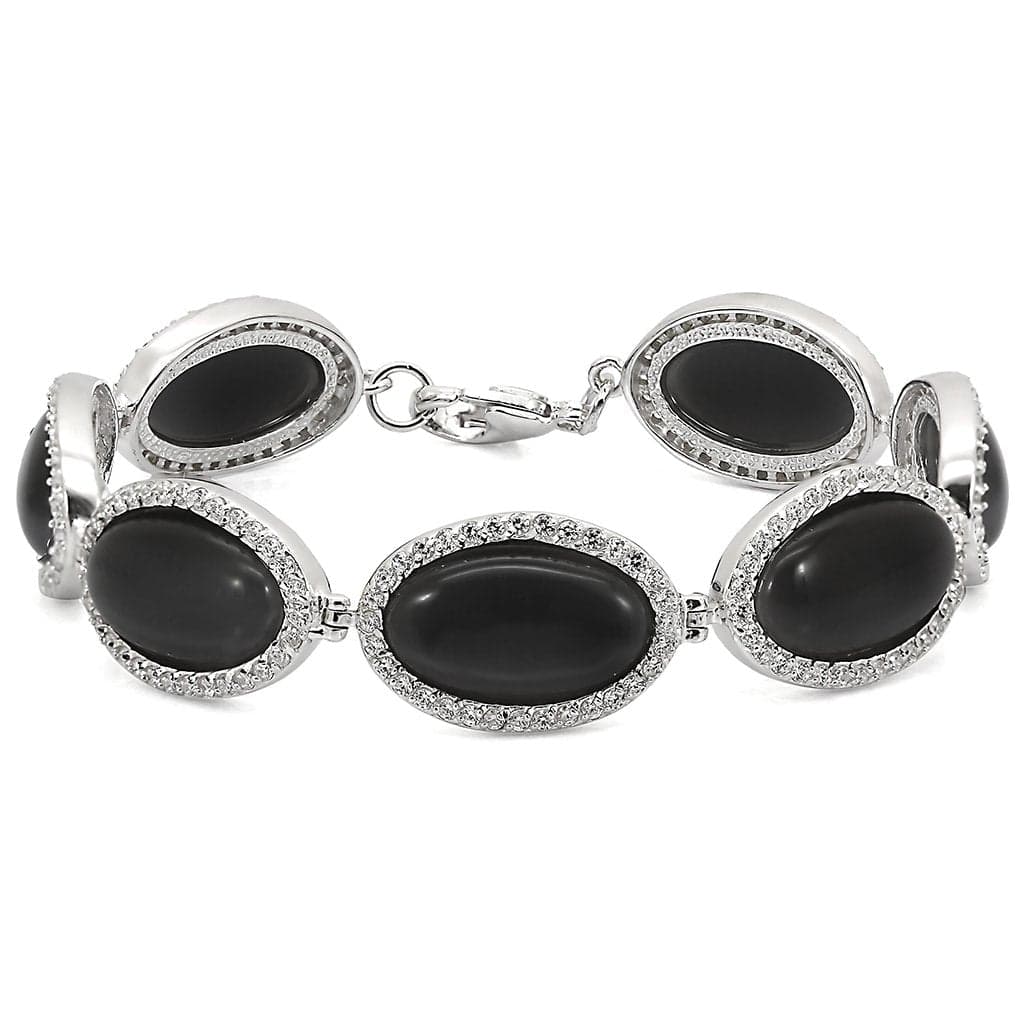 Sterling Silver Black Onyx Oval CZ Halo Link Bracelet