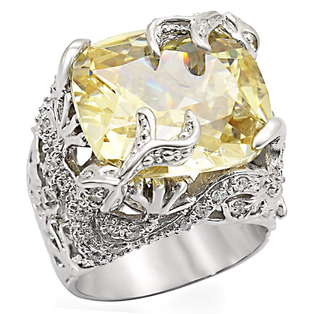 Sterling Silver Yellow Citrine CZ Cushion Filigree Cocktail Ring