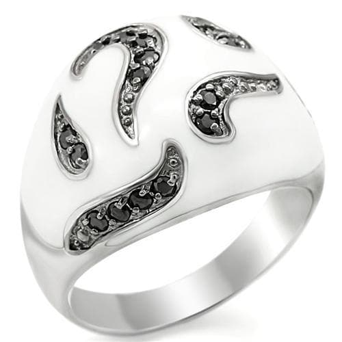 Sterling Silver White Enamel Black CZ Wave Dome Ring
