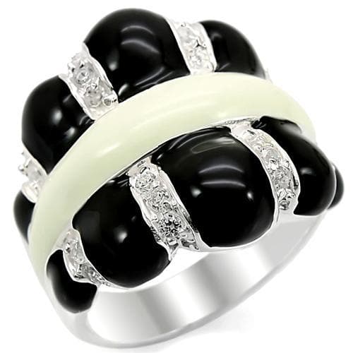 Sterling Silver Black White Enamel CZ Ribbon Dome Ring