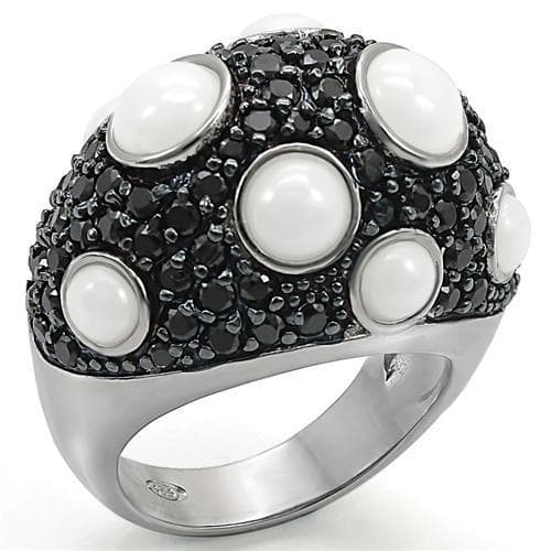 Sterling Silver White Pearl Black CZ Pave Dome Ring