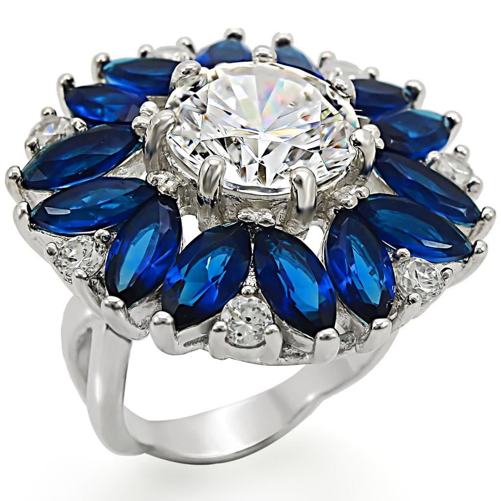 Sterling Silver Blue Sapphire CZ Marquise Sunburst Ring
