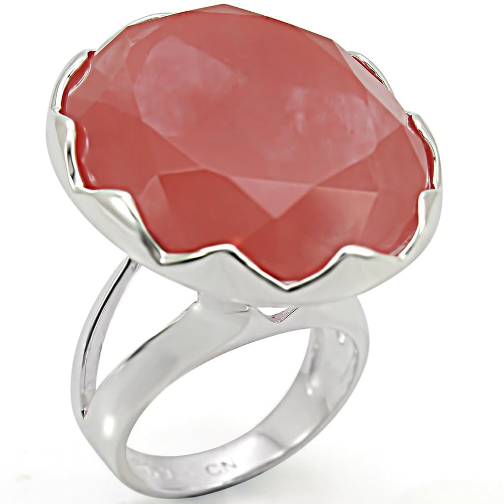Sterling Silver Pink Coral Faceted Round Scallop Ring