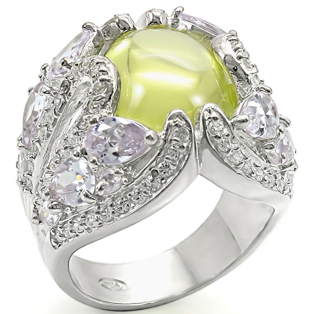 Sterling Silver Green Cat Eye CZ Leaf Vine Dome Ring