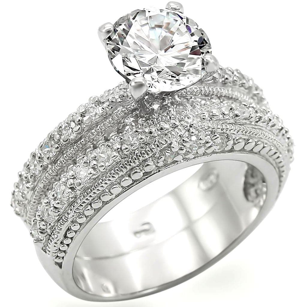Sterling Silver CZ Round Solitaire Milgrain Bridal Set Ring