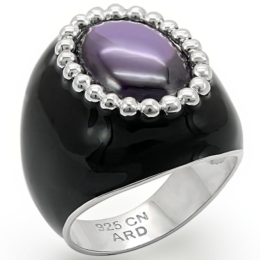 Sterling Silver Purple Cat Eye Cabochon Bead Frame Enamel Ring