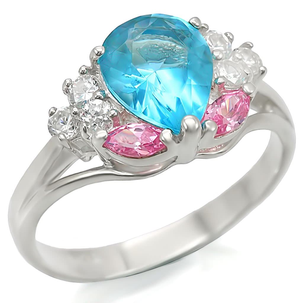 Sterling Silver Blue Topaz CZ Oval Pink CZ Halo Cocktail Ring