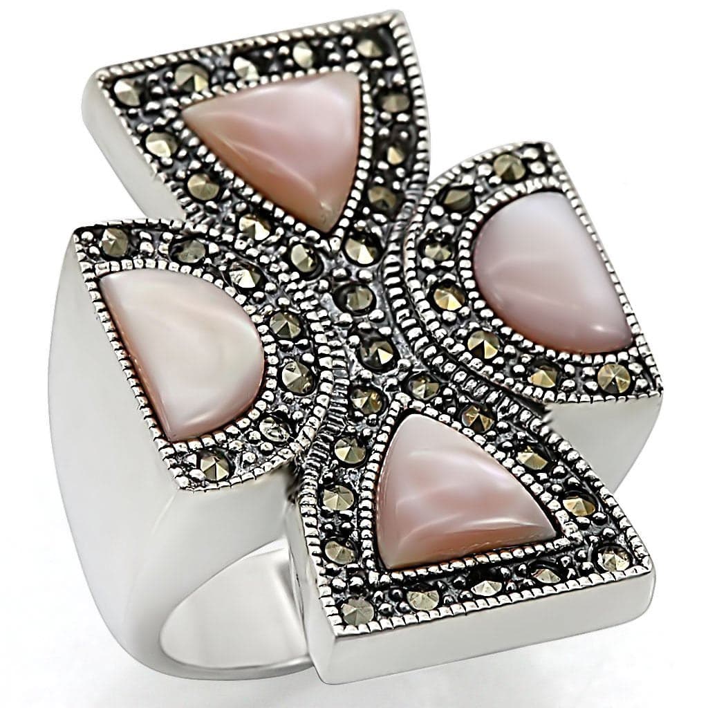 Sterling Silver Pink Mother of Pearl Marcasite Cross Ring