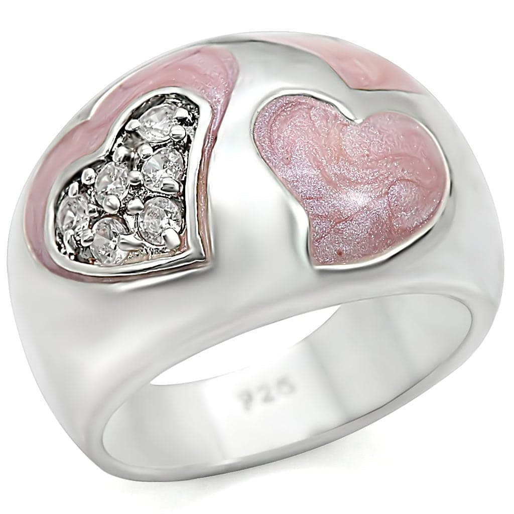 Sterling Silver Pink Enamel CZ Heart Wide Band Ring