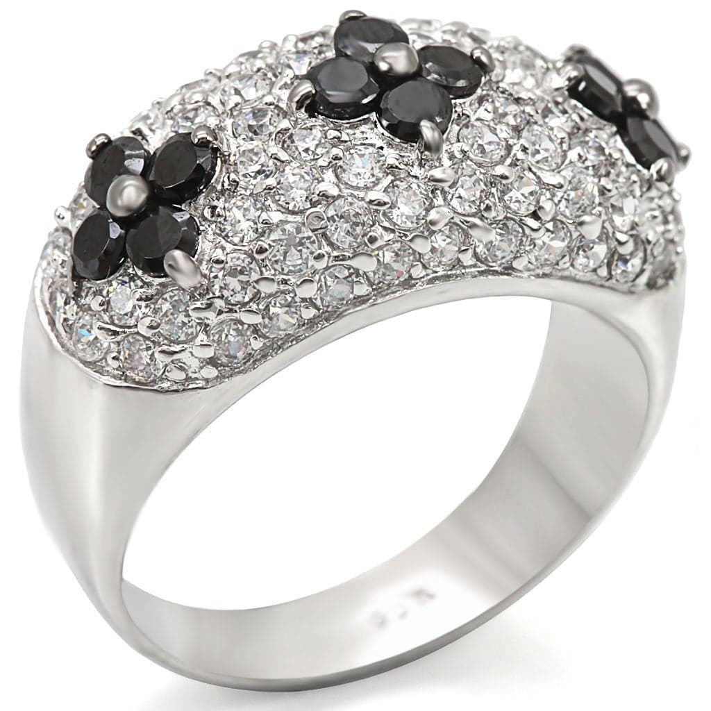 Sterling Silver Black CZ Floral Pave Dome Ring