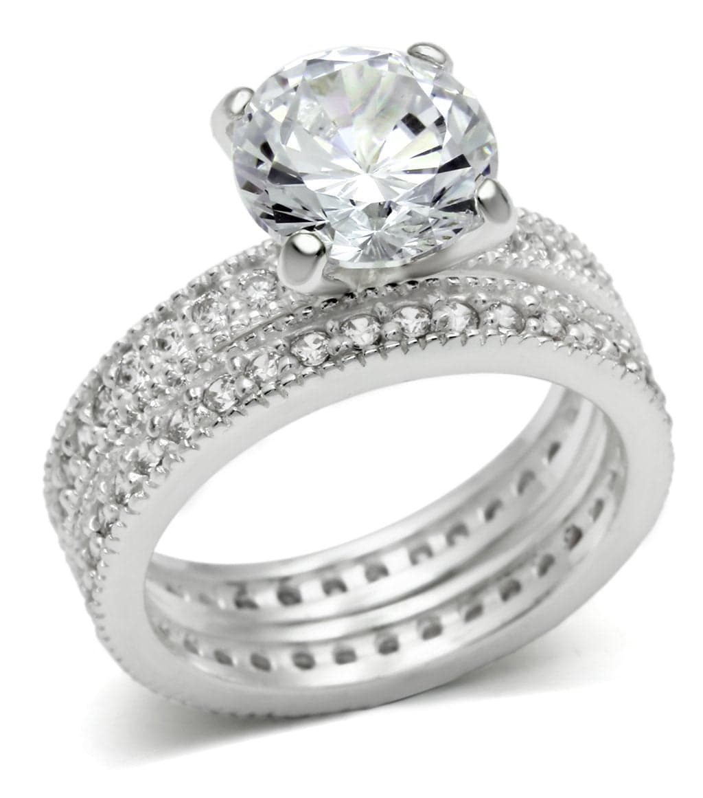 Sterling Silver CZ Round Solitaire Pave Triple Band Bridal Ring