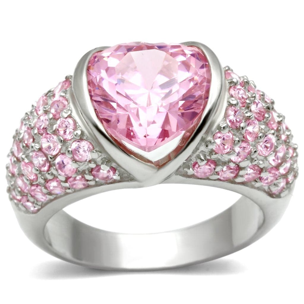 Sterling Silver Pink CZ Heart Pave Dome Cocktail Ring