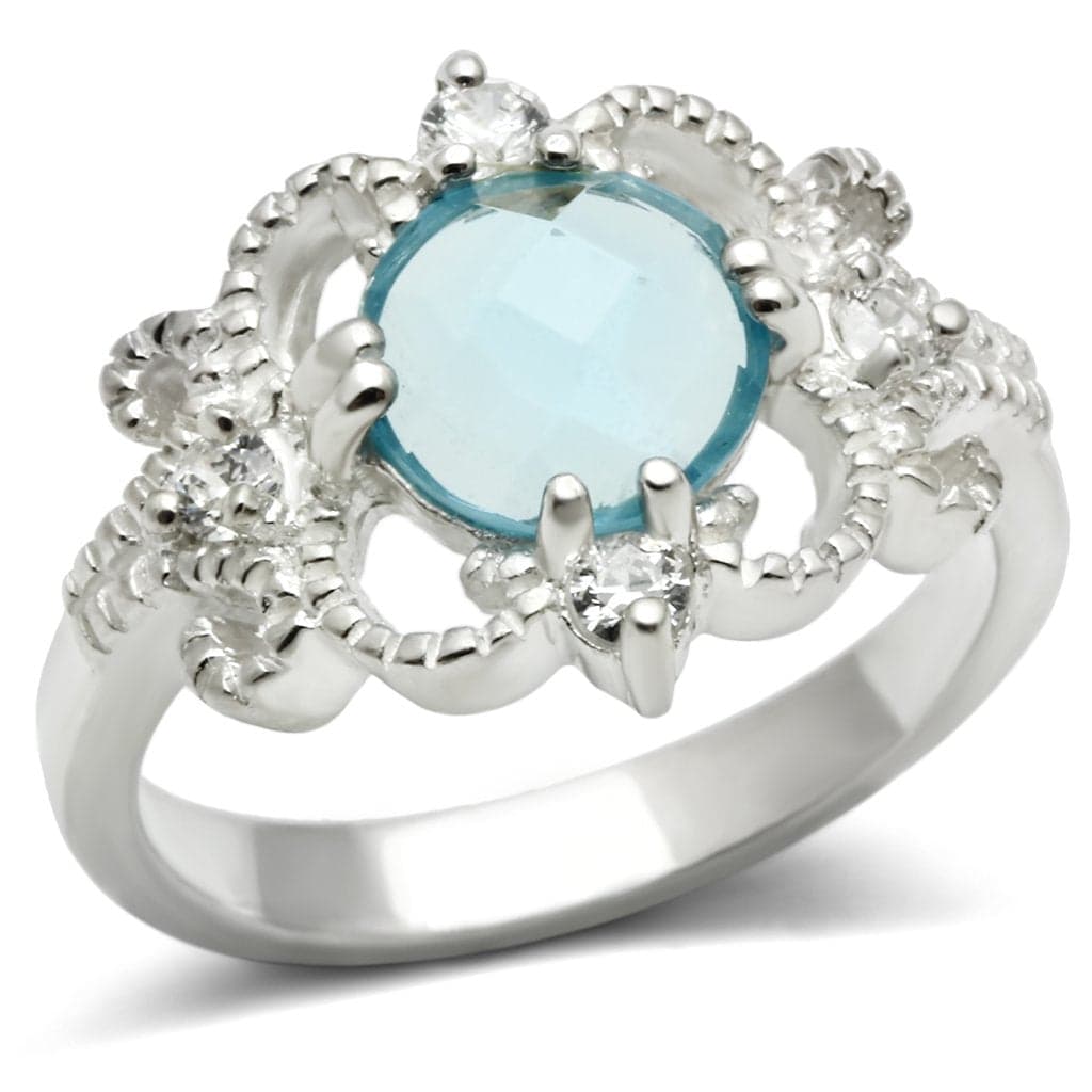 Sterling Silver Aqua Blue CZ Ornate Floral Frame Cocktail Ring