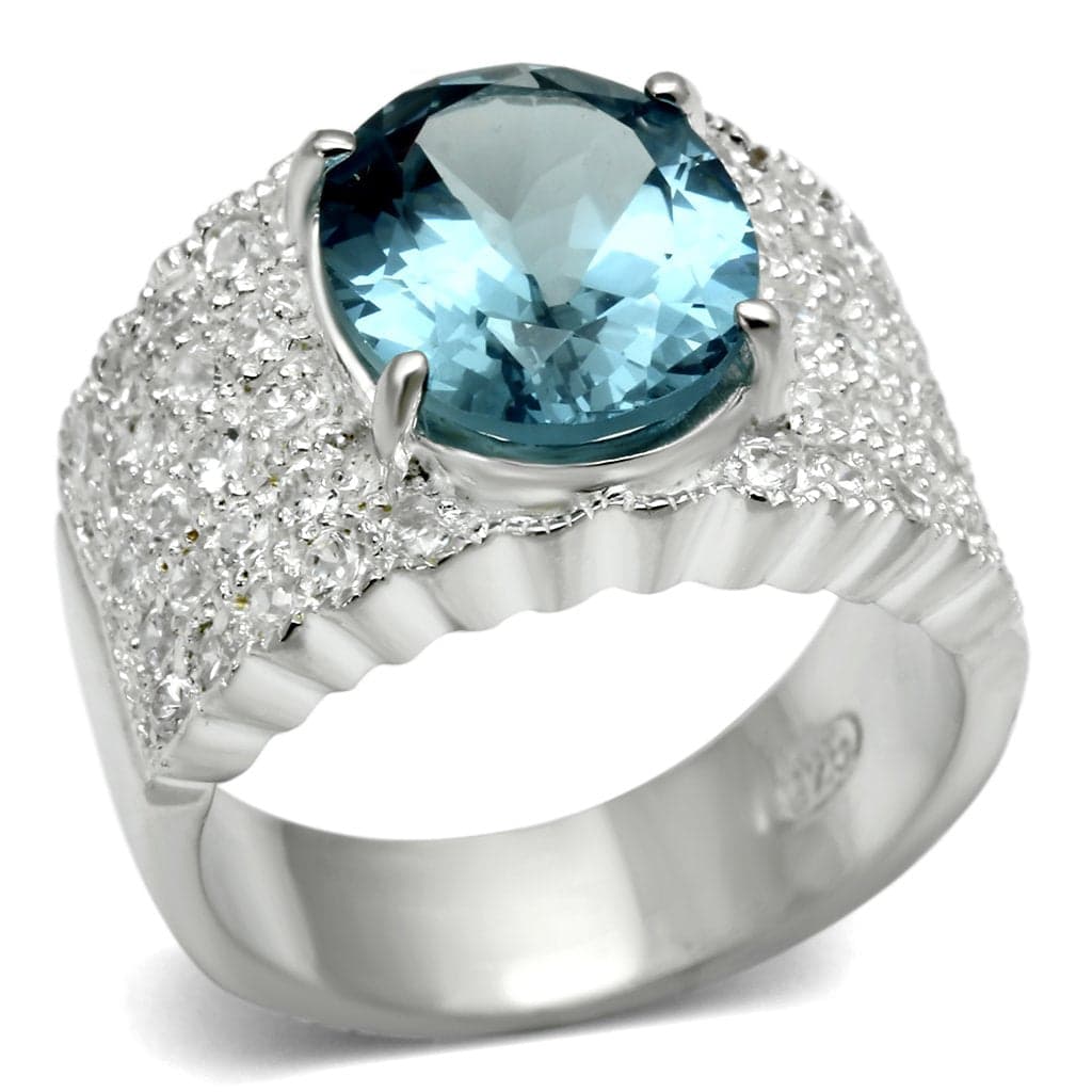 Sterling Silver Blue Topaz Oval CZ Pave Wide Band Ring