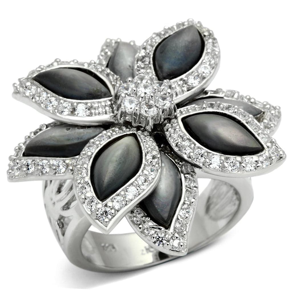 Sterling Silver Grey Pearl CZ Flower Ring | The Stainless Jewelry