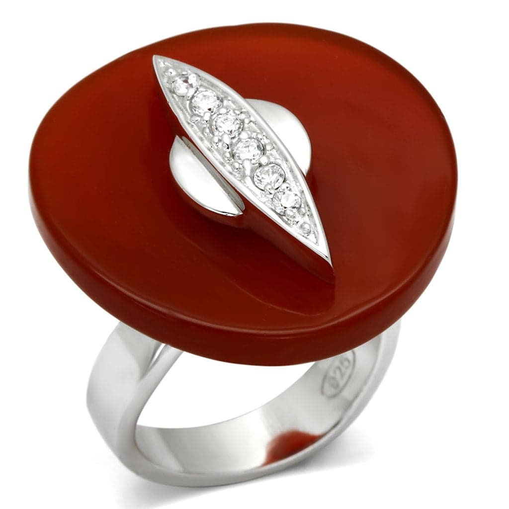 Sterling Silver Red Carnelian Disc CZ Leaf Accent Dome Ring