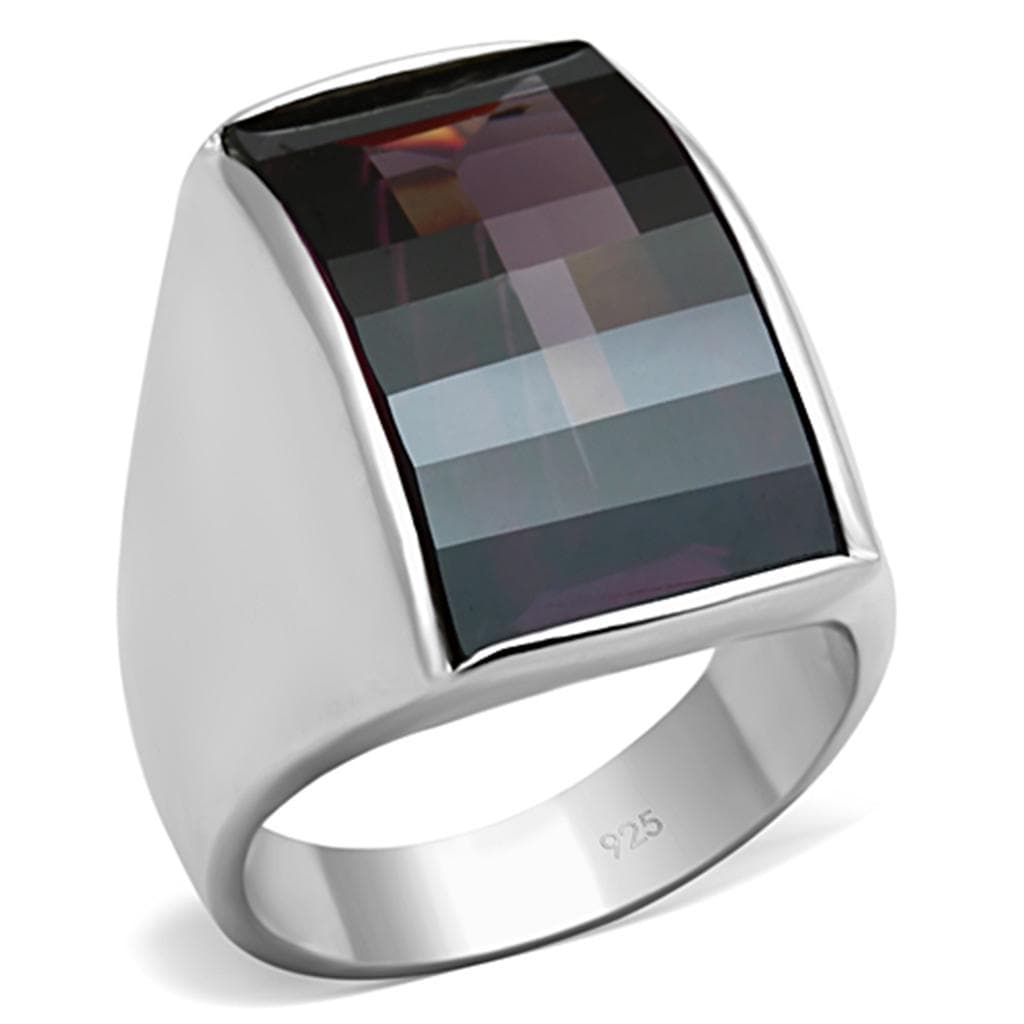 Sterling Silver Smoky Dark CZ Emerald Cut Bezel Modern Ring