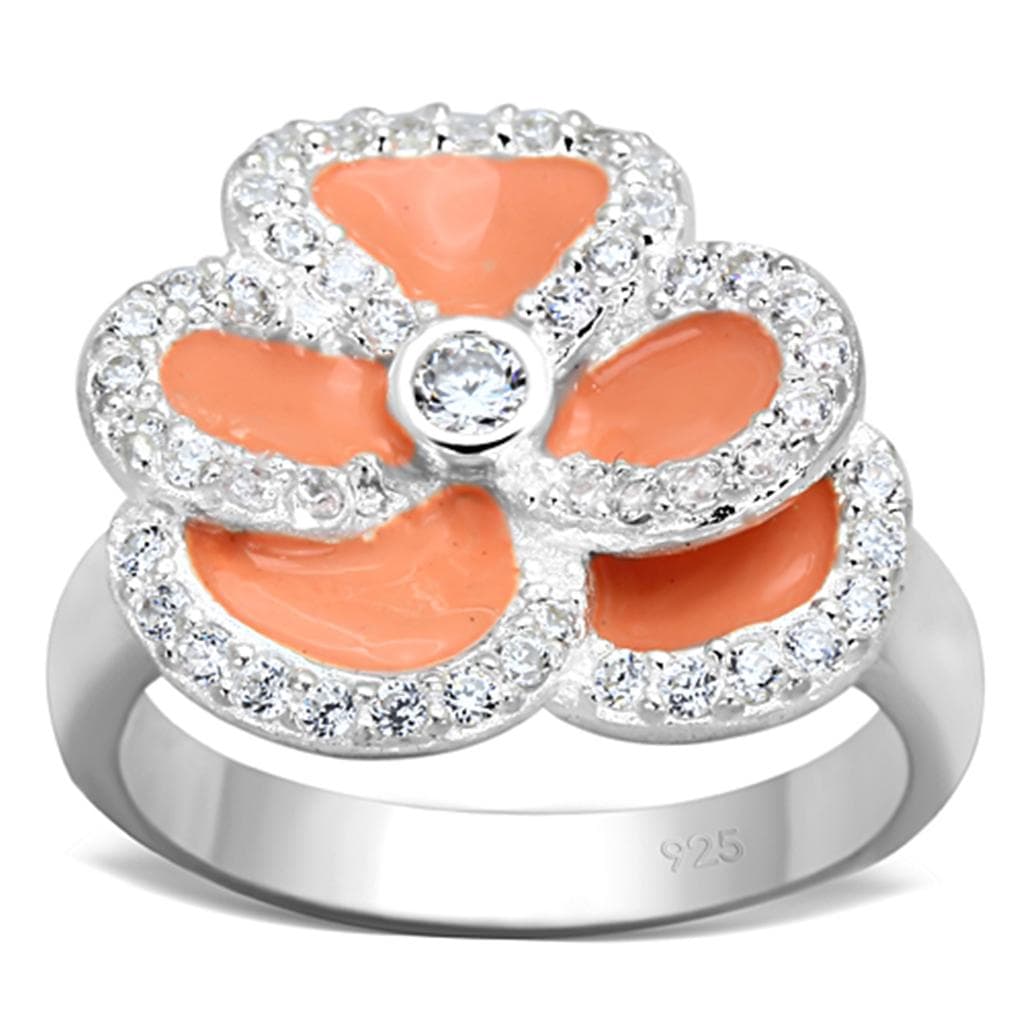 Sterling Silver Coral Enamel CZ Pave Flower Cocktail Ring