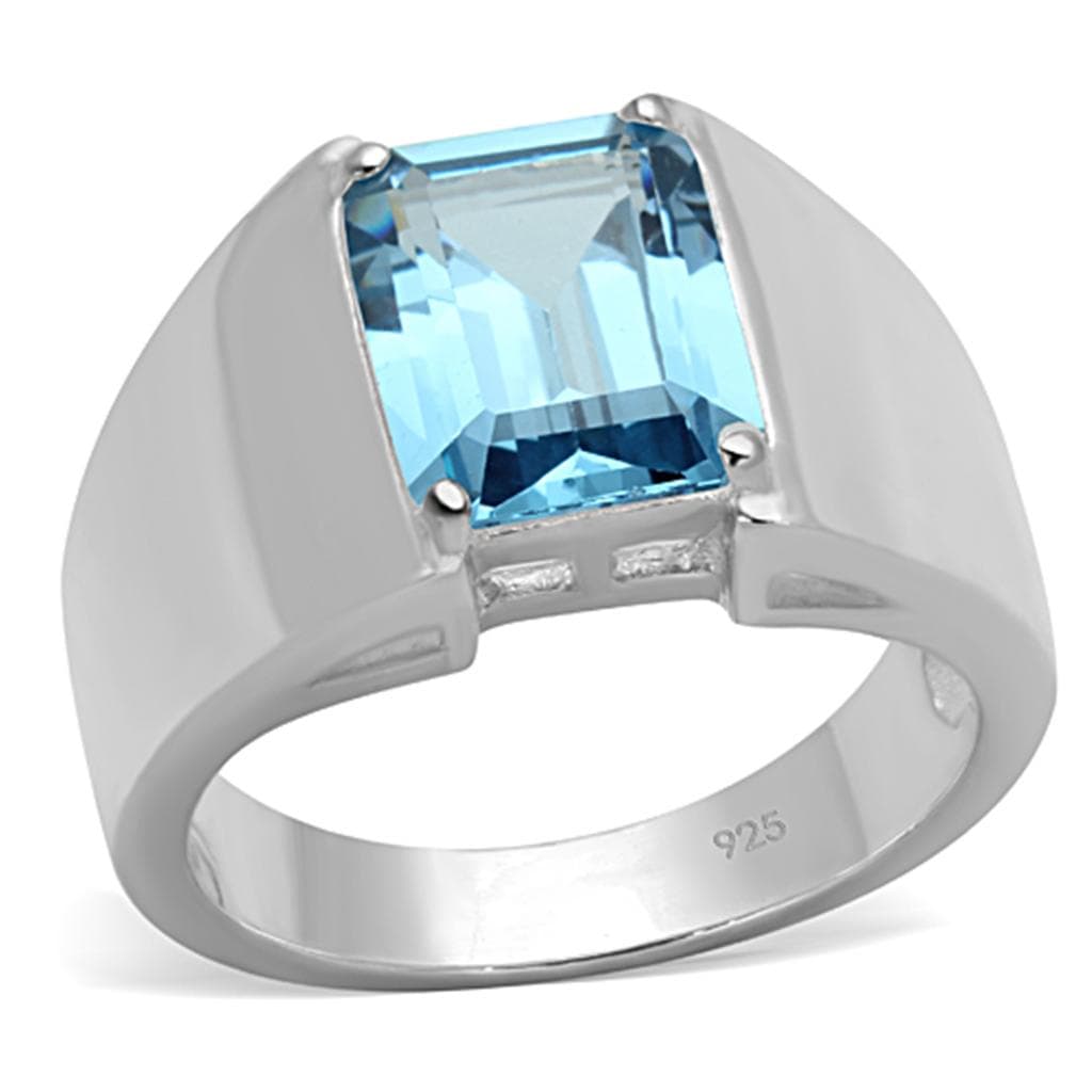 Sterling Silver Aqua Blue Emerald Cut Prong Wide Band Ring