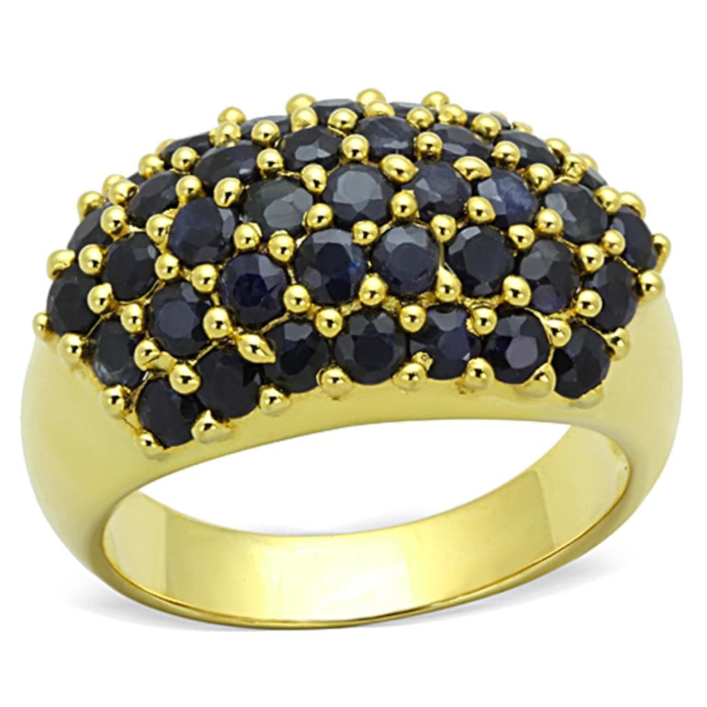 Sterling Silver Gold Dark Blue Sapphire CZ Round Pave Dome Ring