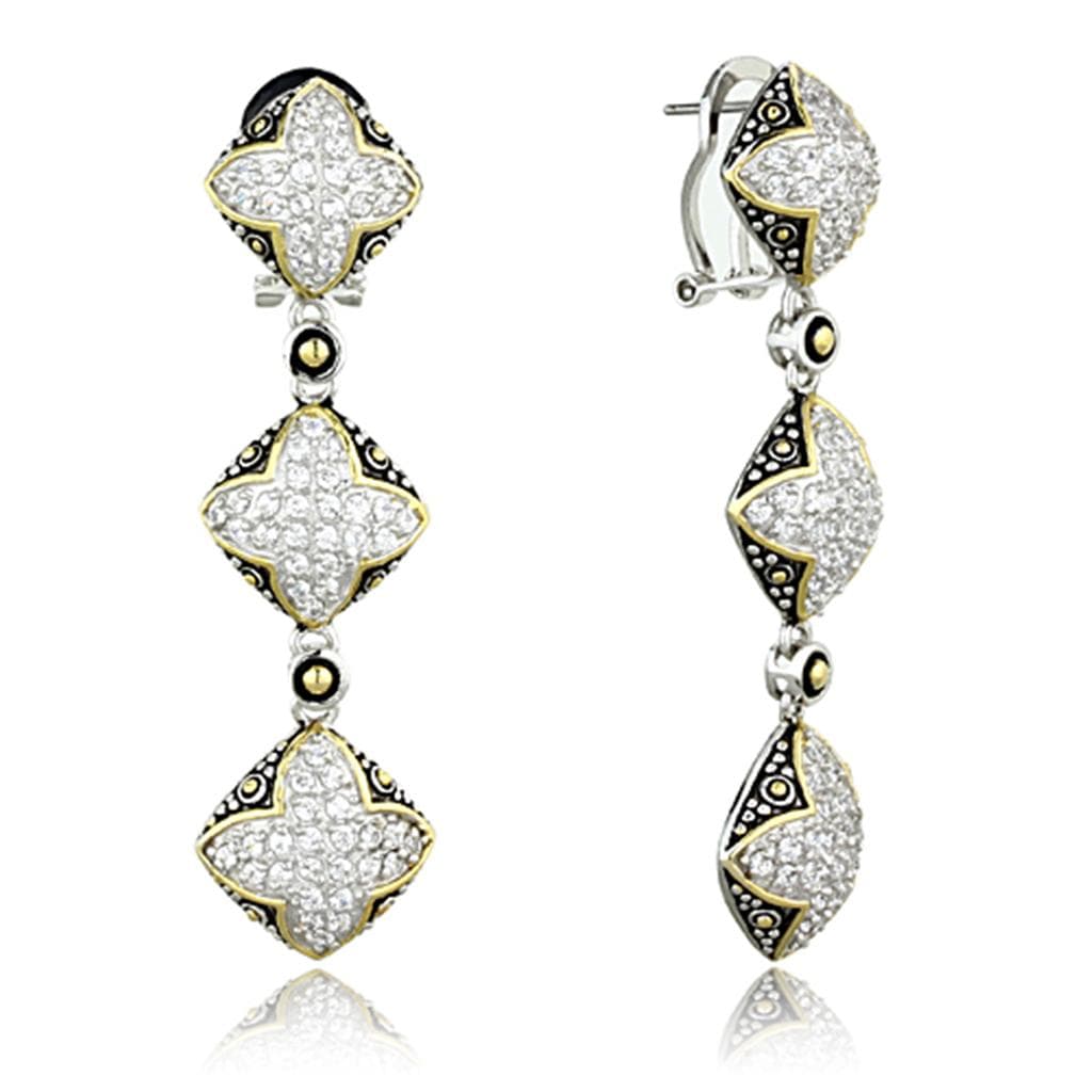 Sterling Silver Two Tone CZ Ornate Diamond Shape Triple Earrings