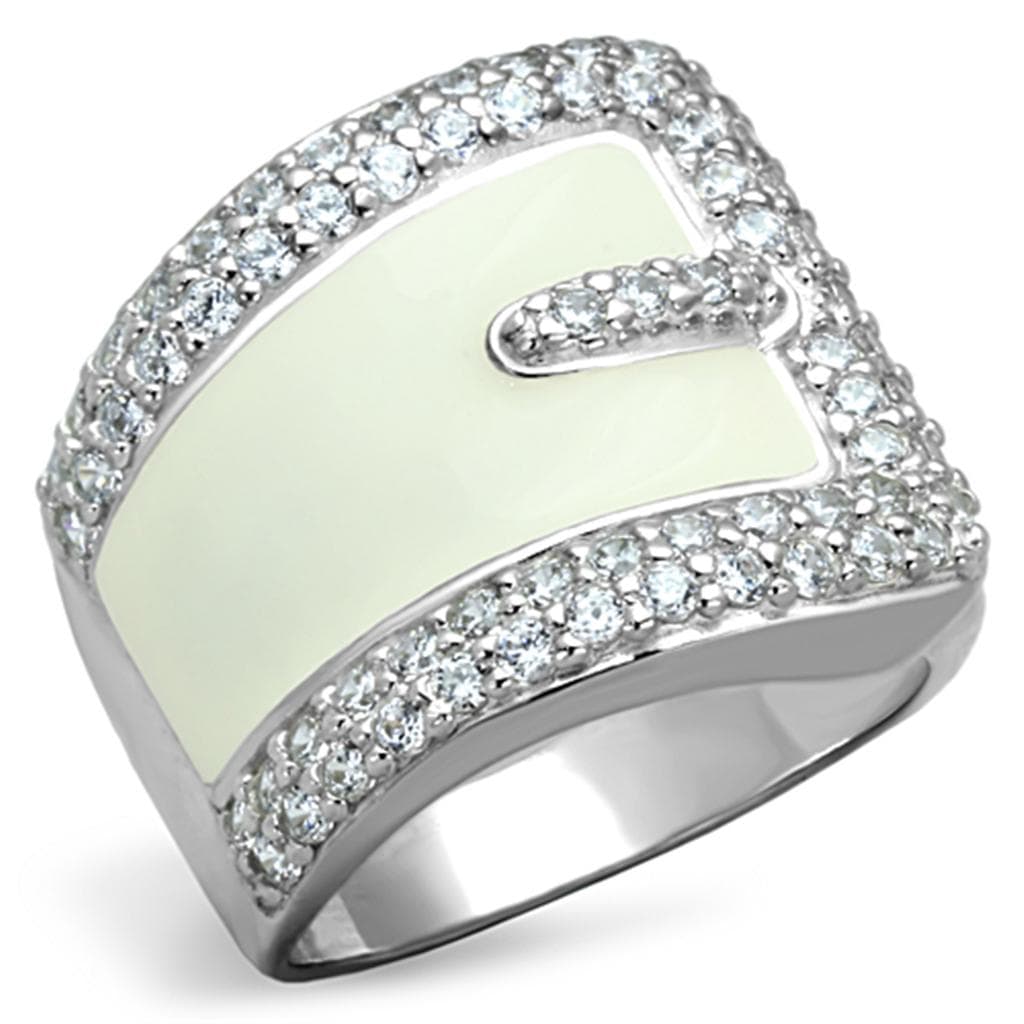 Sterling Silver White Enamel CZ Pave Wide Band Ring