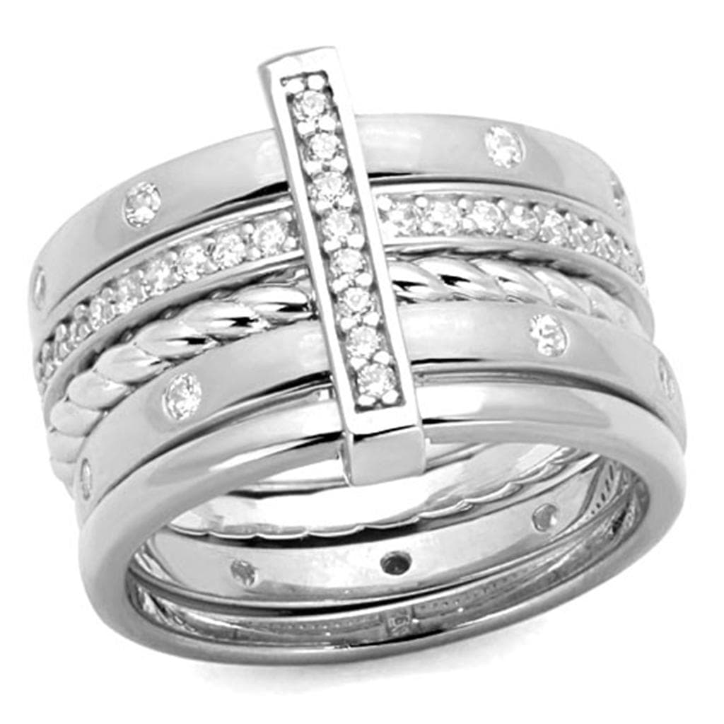 Sterling Silver CZ Channel Two Tone Stacked Band Ring