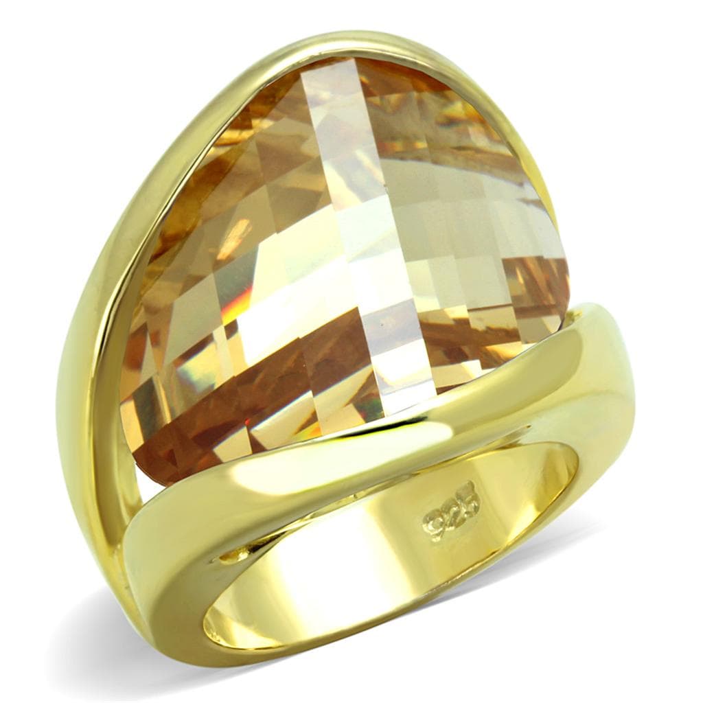 Sterling Silver Gold Champagne Faceted Trillion Oversized Ring