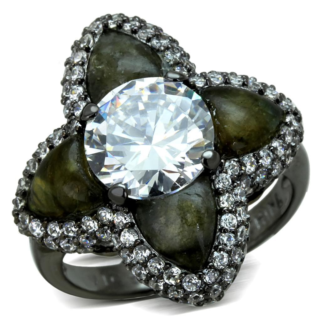 Sterling Silver Black Rhodium Labradorite CZ Flower Cocktail Ring