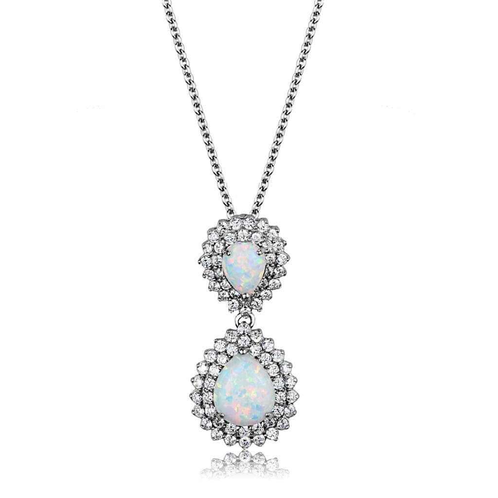 Sterling Silver White Opal Oval CZ Halo Double Drop Necklace