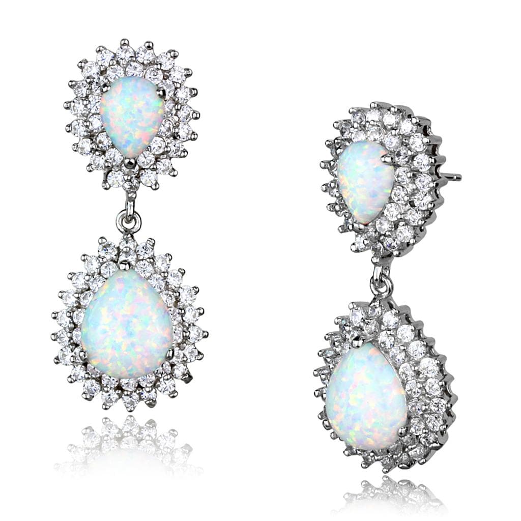 Sterling Silver White Opal Pear CZ Halo Drop Earrings