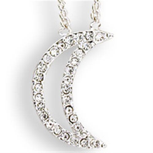 Brass Silver CZ Crescent Moon Pendant Necklace