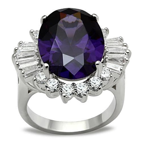 Sterling Silver Dark Amethyst Oval CZ Baguette Halo Cocktail Ring