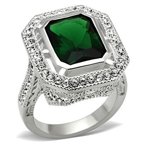 Sterling Silver Dark Emerald Green Cushion CZ Double Halo Ring