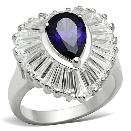 Sterling Silver Dark Purple Pear CZ Baguette Ballerina Halo Ring