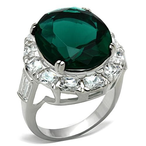 Sterling Silver Dark Emerald Green Cushion CZ Baguette Halo Ring